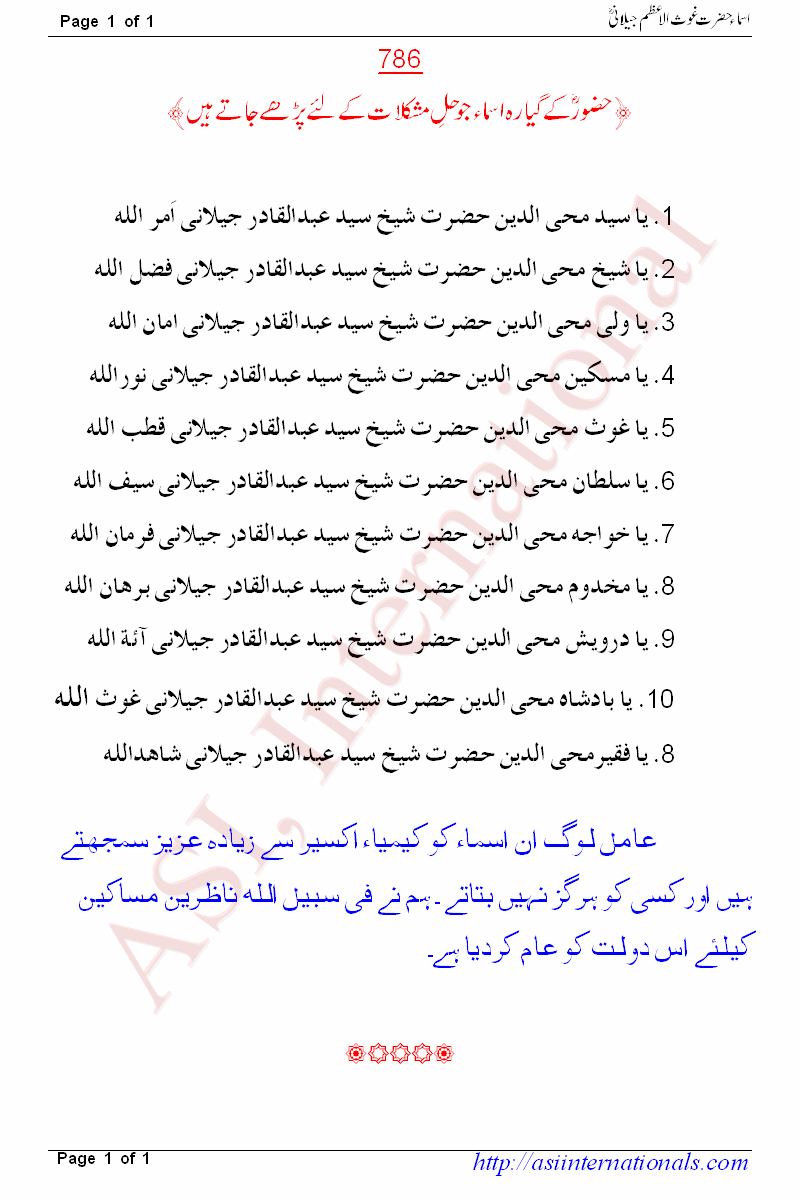 اسماء سرکار غوث الاعظم جیلانی